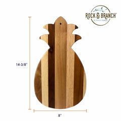 The Rock & Branch® Shiplap Series Pineapple Shaped Cutting Board by Totally Bamboo is crafted in a tropical style, measuring 14-3/8 inches in height and 8 inches in width. The top right corner proudly features the "Rock & Branch" logo, bringing a delightful charm to your kitchen decor.