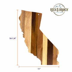 The Rock & Branch® Shiplap Series California Cutting Board from Totally Bamboo, crafted from wooden planks in varying tones to mimic the shape of California, doubles as a one-of-a-kind wall art piece. It measures 14-1/4" tall by 11" wide and features the "Rock & Branch Shiplap" logo in the top right corner.