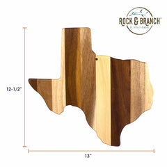 The Rock & Branch® Shiplap Series Texas Cutting Board by Totally Bamboo is a wooden cutting board shaped like the state of Texas, featuring a variety of wood plank colors. It measures 12.5 inches in height and 13 inches in width, with the "Rock & Branch" logo elegantly displayed in the upper right corner.