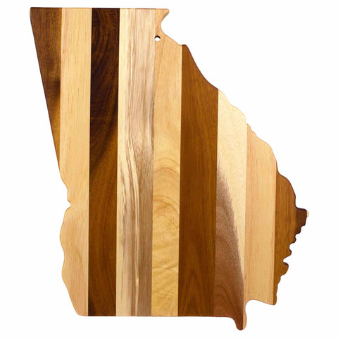 Crafted as part of the Rock & Branch® Shiplap Series by Totally Bamboo, the Georgia-shaped cutting board showcases a stunning blend of vertical wood shades ranging from light to dark. Its smooth edges gracefully outline the state's silhouette, making it an excellent choice for gifts or distinctive wall decor.