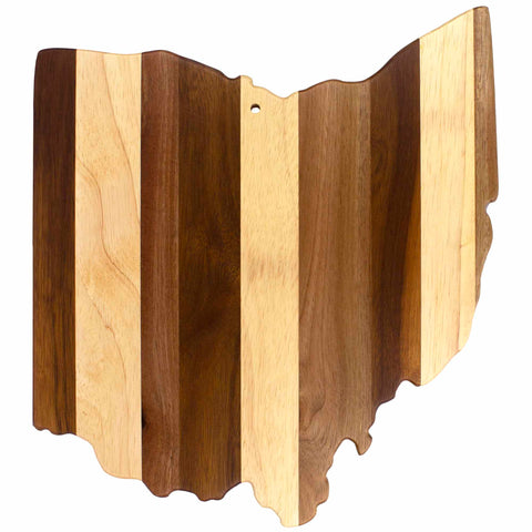 Introducing the Rock & Branch® Shiplap Series Ohio Cutting Board by Totally Bamboo: a wooden cutting board designed in the shape of Ohio, featuring a unique shiplap style with alternating stripes of light and dark wood planks.