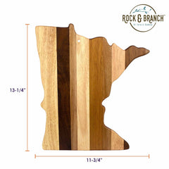 Inspired by the Shiplap Series, the Rock & Branch® Minnesota Cutting Board by Totally Bamboo combines form and function with its unique design of alternating light and dark wood strips that resemble the state of Minnesota. Measuring 13-1/4 inches by 11-3/4 inches, this wooden cutting board showcases the "Rock & Branch" logo in the top right corner, making it also a striking piece of wall art.