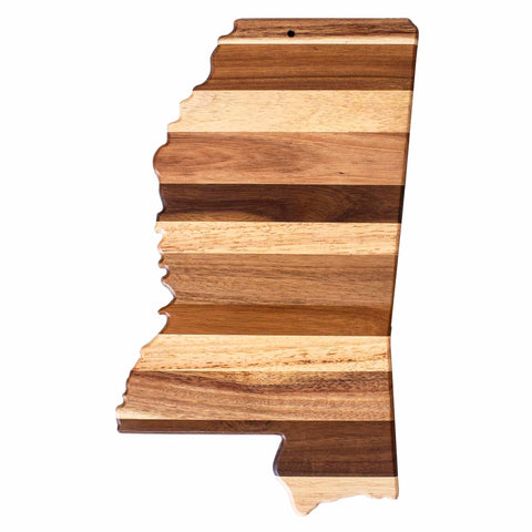 A Totally Bamboo cutting board from the Rock & Branch® Shiplap Series, designed in the shape of Mississippi with alternating light and dark wood stripes.