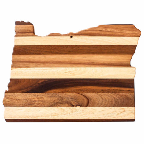 As part of the Rock & Branch® Shiplap Series by Totally Bamboo, this Oregon-shaped cutting board is beautifully crafted with horizontal stripes of contrasting light and dark wood grain, making it a striking piece that could also serve as wall art.