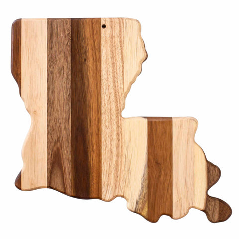 Totally Bamboo's Rock & Branch® Shiplap Series presents the Louisiana-shaped cutting board, showcasing alternating vertical stripes of various wood tones. This piece serves as both a practical kitchen tool and an eye-catching state-themed wall decoration.