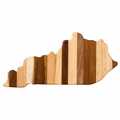 The Rock & Branch® Shiplap Series Kentucky Cutting Board by Totally Bamboo is crafted from wood and showcases vertical stripes in both light and dark tones. It features a distinctive shape resembling the state of Kentucky, complete with a small hole at the top for convenient hanging as wall art when not in use.