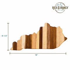 The Rock & Branch® Shiplap Series Kentucky Cutting Board by Totally Bamboo is a wooden cutting board designed in the shape of Kentucky, featuring alternating light and dark wood stripes. Measuring 8.5 inches in height and 18 inches in width, it serves both as a functional wood plank and an attractive piece of wall art, with the Rock & Branch logo elegantly displayed in the corner.