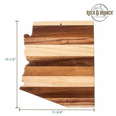 This Rock & Branch® Shiplap Series wooden cutting board, designed in the outline of Arizona, features a striking pattern of alternating light and dark wood stripes. With dimensions of 13-1/2 inches in height and 11-3/4 inches in width, it prominently showcases the "Totally Bamboo" logo.