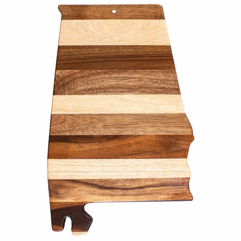 As a feature of the Rock & Branch® Shiplap Series by Totally Bamboo, this cutting board shaped like Alabama showcases a unique pattern with alternating light and dark wood stripes.