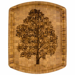 A rectangular wooden tray showcases a mosaic pattern with a dark, detailed tree design in the center, evocative of the Family Tree Etched Carving Board by Totally Bamboo. The tree contrasts elegantly with the light and dark wood tones for a natural, textured look.