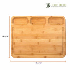 The 3-Well Kitchen Prep Board by Totally Bamboo measures 17-1/2 inches by 13-1/2 inches and features a juice groove alongside three small rectangular compartments at the top, with a spacious main area. The elegantly placed Totally Bamboo logo in the top right corner makes it perfect for charcuterie presentation.