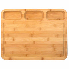 The 3-Well Kitchen Prep Board by Totally Bamboo, measuring 17-1/2" x 13-1/2", is a rectangular board with a smooth, natural finish, designed with three juice grooves along the top and sides for separating ingredients or catching juices.