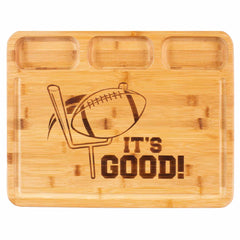 The "It's Good" 3-Well Kitchen Prep Board by Totally Bamboo, measuring 17-1/2" x 13-1/2", features three shallow compartments ideal for touchdown-dance snacks. Its engraved football and goalpost design with the text "IT'S GOOD!" make it a versatile addition to any football-themed gathering.