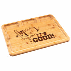 The "It's Good" 3-Well Kitchen Prep Board by Totally Bamboo, measuring 17-1/2" x 13-1/2", features a football flying through goalposts and the engraved text "It's Good!" With three condiment compartments, it's perfect for your touchdown-dance snacks, combining functionality with football-themed style.