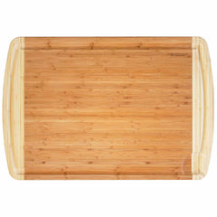 The 600SI Large Cutting Board & Noodle Board, measuring 30" x 20", by Totally Bamboo showcases a smooth surface with rounded edges and two grooves along the shorter sides for easy handling. Its natural bamboo grain provides a warm, earthy appearance, making it an ideal addition to any kitchen.