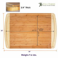 The image displays the 600SI Large Cutting Board & Noodle Board by Totally Bamboo. This versatile kitchen addition features a handy juice groove and measures 30" by 20" with a cutting area of 26.5" by 19.5", is 3/4" thick, and weighs 9.6 lbs. A close-up shows off the bamboo edge, making it an ideal choice for any kitchen setup.