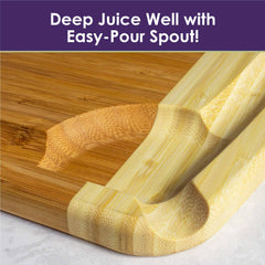 The Totally Bamboo 600SI Large Cutting Board & Noodle Board, measuring 30" x 20", boasts a deep juice well with a convenient easy-pour spout located at the corner. It features a natural wood grain pattern, beautifully contrasted against a light background.