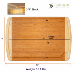 This extra-large 800SI XL Cutting Board & Noodle Board, ideal for charcuterie or noodle preparations, measures 36" x 24", with a cutting area of 32" x 20". It is solidly built at 3/4" thick and weighs 15.1 lbs. The board is proudly adorned with the Totally Bamboo logo in the top right corner.