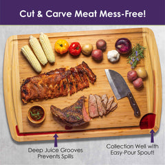 The 800SI XL Cutting Board & Noodle Board, 36" x 24" by Totally Bamboo, showcases sliced meat, corn, tomatoes, onions, garlic, and herbs on its expansive surface. A cleaver is positioned conveniently next to the meat. Emphasized text reads "Cut & Carve Meat Mess-Free!" with labels highlighting its deep juice grooves and a collection well featuring an easy-pour spout. It's perfect for all your culinary needs!