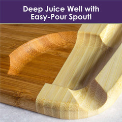 Displayed here is the 800SI XL Cutting Board & Noodle Board by Totally Bamboo, measuring 36" x 24". It boasts a deep juice well and an easy-pour corner spout for effortless draining, ideal for charcuterie platters or seamless meal preparation. At the top, the text reads, "Deep Juice Well with Easy-Pour Spout!