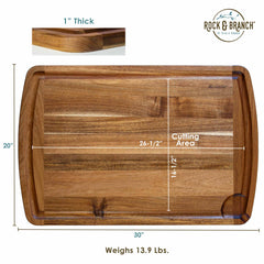 The Rock & Branch® 600SI Cutting Board & Noodle Board by Totally Bamboo is an extra-large wooden board, ideal for charcuterie spreads or as a noodle board. It measures 30x20 inches with a 1-inch thickness and features a groove and corner hole for easy handling. The cutting area is 26.5x16.5 inches, and it weighs 13.9 lbs, ensuring both versatility and durability.