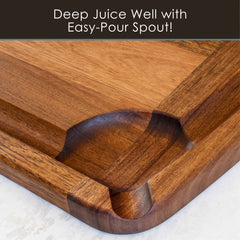 A close-up of the Rock & Branch® 600SI Cutting Board & Noodle Board by Totally Bamboo highlights its deep juice well and convenient easy-pour spout located at the corner. The board's rich, natural wood finish makes it an excellent choice for serving as a charcuterie board. Text at the top reads: "Deep Juice Well with Easy-Pour Spout!