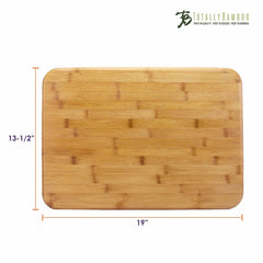 The "Big Easy" Chopping Block by Totally Bamboo, measuring 19 by 13.5 inches, is ideal for food preparation. It boasts rounded corners, a natural wood grain pattern, and showcases the "Totally Bamboo" logo in the top right corner.