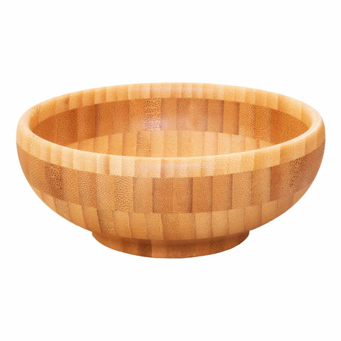 The 6" Classic Bowl by Totally Bamboo is made from durable Moso bamboo, showcasing a round shape with a smooth surface and a light, natural finish. It is adorned with a subtle pattern of interlocking wood blocks and has a shallow depth that rests gracefully on a small circular base.