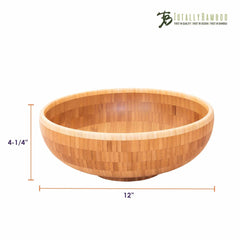 The 12" Classic Bowl by Totally Bamboo features a light wooden texture and is made from Moso bamboo, measuring 12 inches in diameter and 4-1/4 inches in height. With the brand's logo elegantly positioned in the top right corner, it makes a stunning centerpiece.