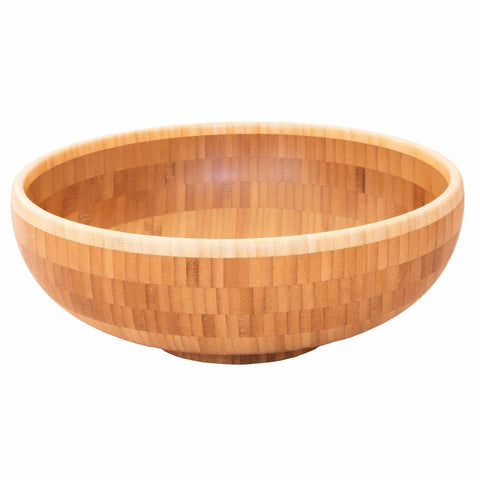 The 12" Classic Bowl from Totally Bamboo is a round wooden piece with a smooth finish, showcasing a light brown hue and an understated checkered pattern from the grain. This timeless centerpiece accentuates its natural texture, offering a perfect blend of simplicity and elegance.