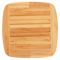 The Totally Bamboo Expandable Trivet for Hot Plates features horizontal and vertical slats in a square design, each piece highlighting a natural wood grain pattern. It expands up to 11-1/2" wide with smooth, rounded corners for protecting countertops against hot plates.