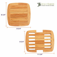 Two durable trivets from Totally Bamboo are showcased for excellent countertop protection. The upper trivet is a square with rounded corners, measuring 8-3/4" on each side, ideal for hot plates. The lower trivet is rectangular and slatted, expanding up to 11-1/2" wide and featuring the signature "Totally Bamboo" logo in the top right corner.