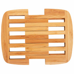 A rectangular expandable trivet by Totally Bamboo, designed to protect countertops, features horizontal slats with small gaps between them, offering a modern and natural aesthetic.