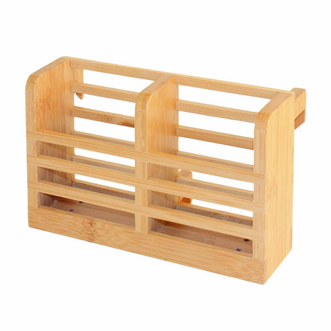 The Totally Bamboo Utensil Holder for Collapsible Dish Rack is a wooden bamboo wall-mounted organizer with two compartments and horizontal slats. It's perfect as a kitchen sink organizer, holding mail, utensils, or small accessories. Its simple and functional design boasts a natural wood finish.