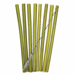 An arrangement of the "Totally Bamboo Reusable Bamboo Drinking Straws, 8 Pack," crafted from natural bamboo—a renewable resource—paired with a metal cleaning brush featuring nylon bristles, displayed against a white background.