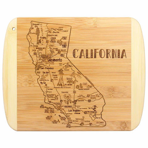 Part of Totally Bamboo’s "A Slice of Life" collection, this uniquely designed bamboo cutting board is crafted in the shape of California. It includes detailed engravings of city maps and landmarks such as Sacramento, San Francisco, Los Angeles, and San Diego, as well as forests and deserts. The state name "California" is elegantly etched along its outline.