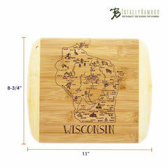 As a member of the Slice of Life Collection, the A Slice of Life Wisconsin Cutting Board from Totally Bamboo boasts laser-engraved artwork depicting Wisconsin's map, complete with labeled cities and landmarks. The board measures 11 by 8-3/4 inches and displays the "Totally Bamboo" logo in the top right corner.