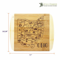 The A Slice of Life Ohio Cutting Board by Totally Bamboo is crafted from bamboo and features a laser-engraved map of Ohio, showcasing its cities and landmarks. Measuring 11" x 8-3/4", this board adds a touch of style to any kitchen. The Totally Bamboo logo in the top right corner guarantees its authenticity and charm.