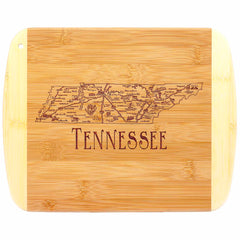 The Totally Bamboo "A Slice of Life Tennessee Cutting Board," measuring 11" x 8-3/4", features a laser-engraved outline of Tennessee with state landmarks highlighted, along with the word "Tennessee" prominently displayed beneath the map.