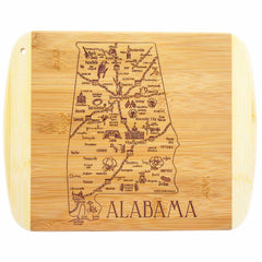 From Totally Bamboo's Slice of Life Collection, the "A Slice of Life Alabama Cutting Board" (11" x 8-3/4") features an intricate map highlighting Alabama's state outline along with its towns, cities, and landmarks. The word "Alabama" is beautifully engraved at the bottom.