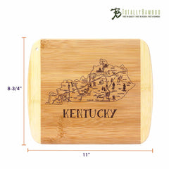 Part of the Slice of Life Collection from Totally Bamboo, the A Slice of Life Kentucky Cutting Board features a laser-engraved map highlighting landmarks and cities within the state outline. Measuring 11 by 8-3/4 inches, it elegantly displays the Totally Bamboo logo in the top-right corner.