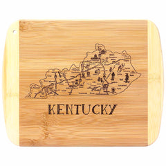 Part of the A Slice of Life Kentucky Cutting Board collection by Totally Bamboo, this 11" x 8-3/4" bamboo board features an engraved outline of the state of Kentucky, highlighting its cities and landmarks. The word "Kentucky" is tastefully etched beneath the map on its rectangular surface with rounded edges.