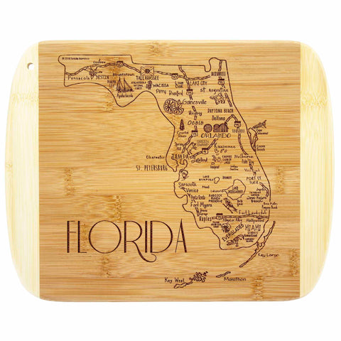 This bamboo cutting board is part of Totally Bamboo's A Slice of Life Collection and features a detailed map of Florida with engraved city names and landmarks. The word "Florida" is prominently displayed at the bottom, making it an ideal charcuterie board for presenting your favorite snacks. With dimensions of 11" x 8-3/4", it's both functional and elegant.