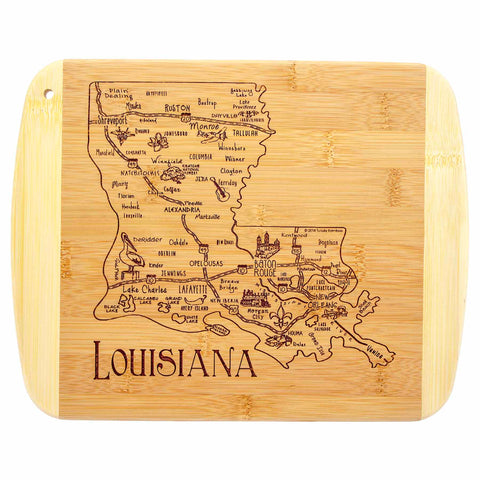 Featuring a design inspired by Louisiana, the A Slice of Life Louisiana Cutting Board by Totally Bamboo measures 11" x 8-3/4". It is adorned with engraved names of cities like New Orleans, Baton Rouge, and Shreveport, with "Louisiana" elegantly etched at the bottom.