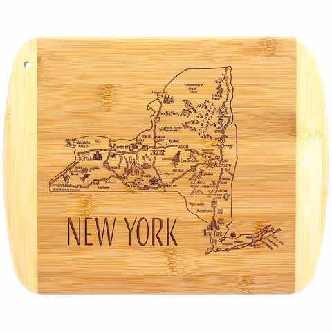 This Totally Bamboo "A Slice of Life New York Cutting Board" measures 11" x 8-3/4" and features a laser-engraved map of New York state, with cities and landmarks clearly labeled. The word "New York" is elegantly etched at the bottom.