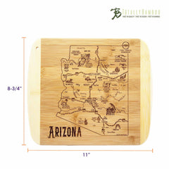 Explore our "A Slice of Life Arizona Cutting Board" by Totally Bamboo, showcasing a detailed map with cities, landmarks, and illustrations etched into the bamboo surface. This state-themed cutting board measures 11" by 8-3/4", reflecting superior quality and design.