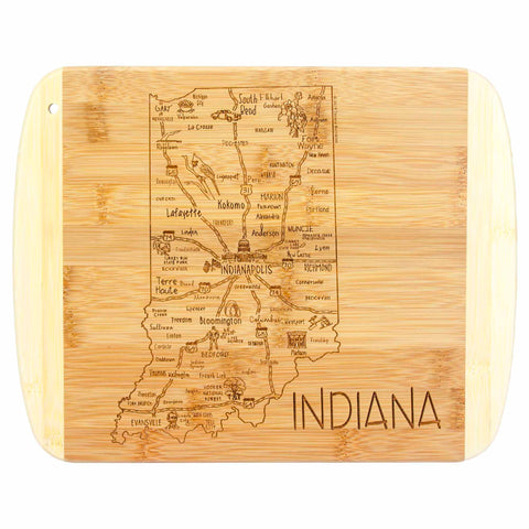 From the "A Slice of Life Collection" by Totally Bamboo, this Indiana cutting board, measuring 11" x 8-3/4", boasts laser-engraved artwork with a detailed map of Indiana, showcasing city names and roads. The word "INDIANA" is elegantly engraved in the bottom right corner.