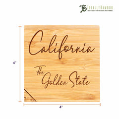 This distinctive bamboo coaster from the 4-Piece California Puzzle Coaster Set with Case features "California The Golden State" elegantly laser-engraved in a graceful script on a 4x4 inch surface. The Totally Bamboo brand is prominently placed in the top right corner, making it an eye-catching addition to any collection.