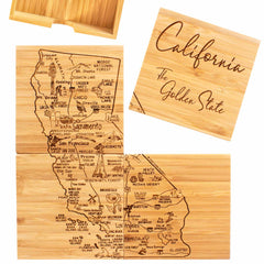 Introducing the 4-Piece California Puzzle Coaster Set with Case by Totally Bamboo, featuring a wooden cutting board set engraved with a detailed map of California. This design highlights cities and landmarks, and each piece is labeled "California, The Golden State" in elegant cursive. The boards fit together seamlessly to form the iconic shape of the state, much like a State Puzzle Coaster Set.