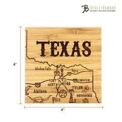 A 4x4 inch wooden coaster set, intricately engraved with a map of Texas highlighting Dallas, Waco, and Abilene. The word "Texas" is prominently displayed atop this 4-Piece Texas Puzzle Coaster Set with Case. Featuring the "Totally Bamboo" logo in the corner, it makes an excellent gift option.